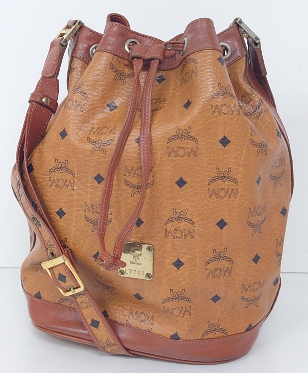 【B03-001】 MCM ショルダーバッグ エムシーエム ワンショルダー ヴィセトス柄 ロゴ 総柄 巾着型 バケツ型 PVC レザー ブラウン系 カバン