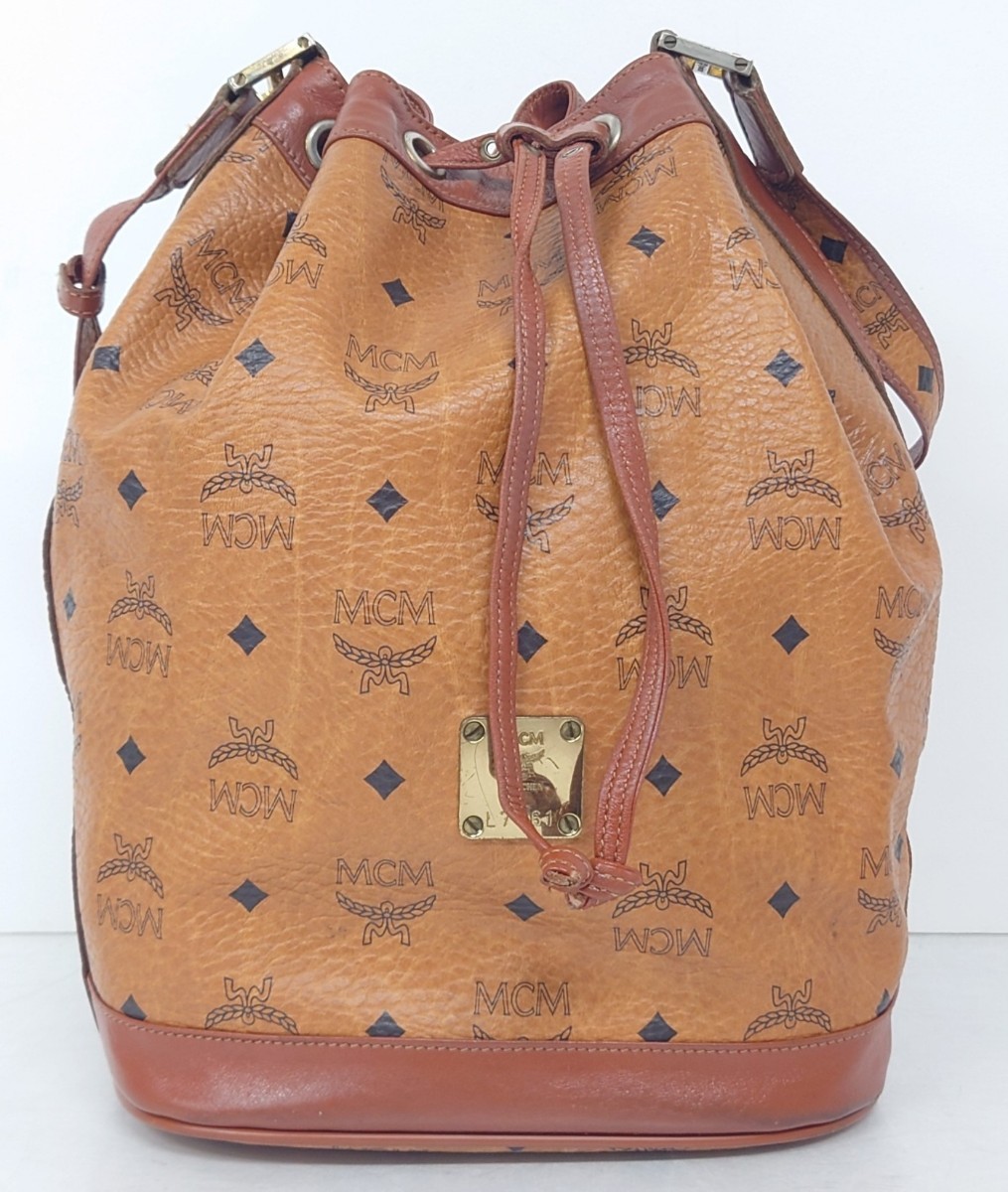 【B03-001】 MCM ショルダーバッグ エムシーエム ワンショルダー ヴィセトス柄 ロゴ 総柄 巾着型 バケツ型 PVC レザー ブラウン系 カバン