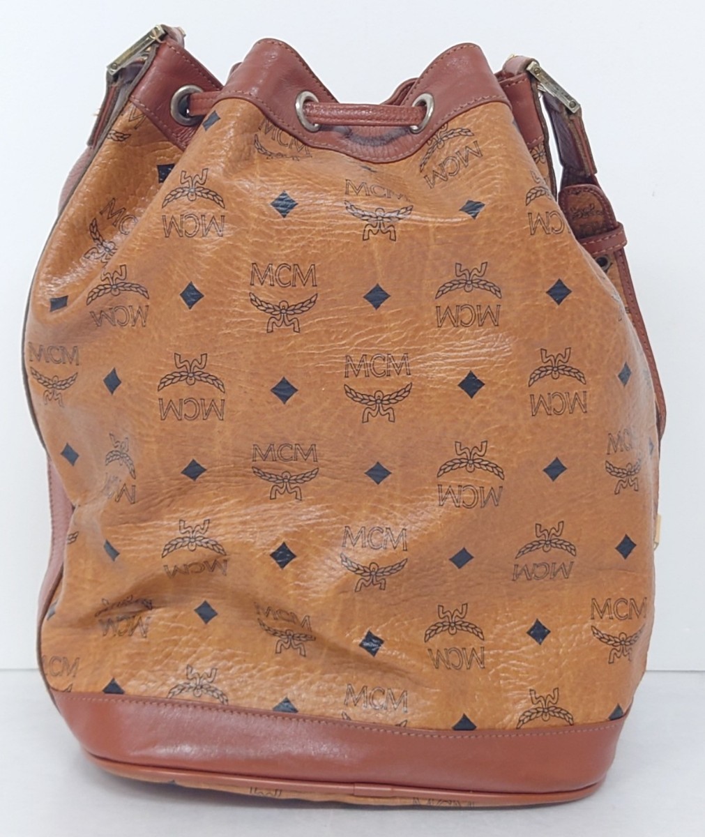 【B03-001】 MCM ショルダーバッグ エムシーエム ワンショルダー ヴィセトス柄 ロゴ 総柄 巾着型 バケツ型 PVC レザー ブラウン系 カバン