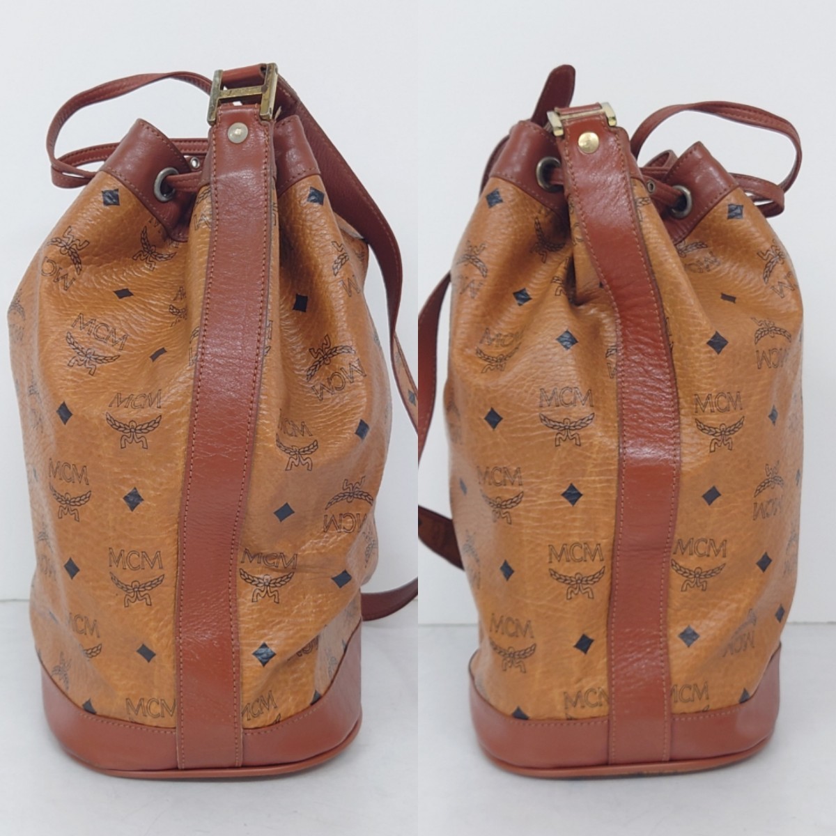 【B03-001】 MCM ショルダーバッグ エムシーエム ワンショルダー ヴィセトス柄 ロゴ 総柄 巾着型 バケツ型 PVC レザー ブラウン系 カバン