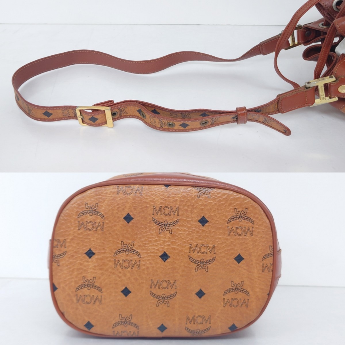 【B03-001】 MCM ショルダーバッグ エムシーエム ワンショルダー ヴィセトス柄 ロゴ 総柄 巾着型 バケツ型 PVC レザー ブラウン系 カバン