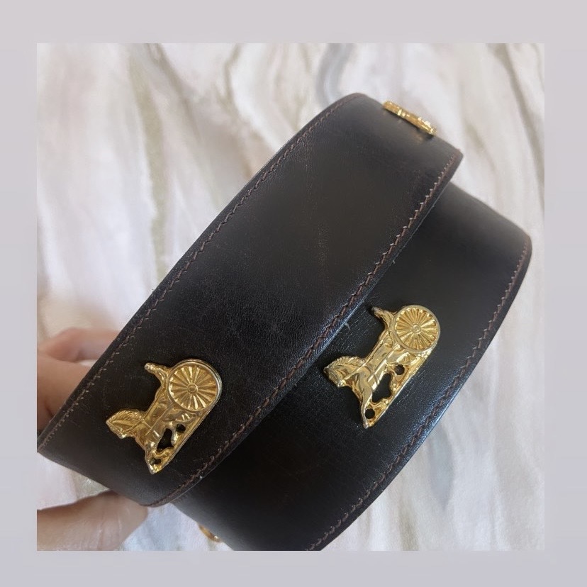 CELINE セリーヌ馬車金具 レザー ベルト ブラック×ゴールド Vintage