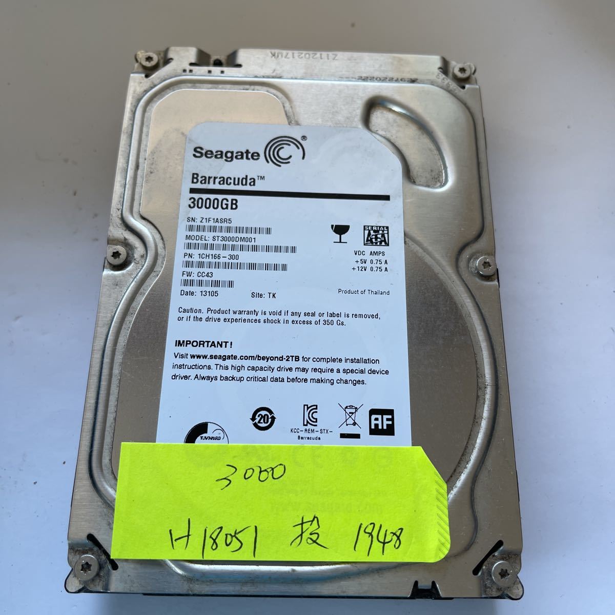 使用時間18051H/3TB SATA600 Barracuda 7200rpm HDD SEAGATE ST3000DM001 動作品