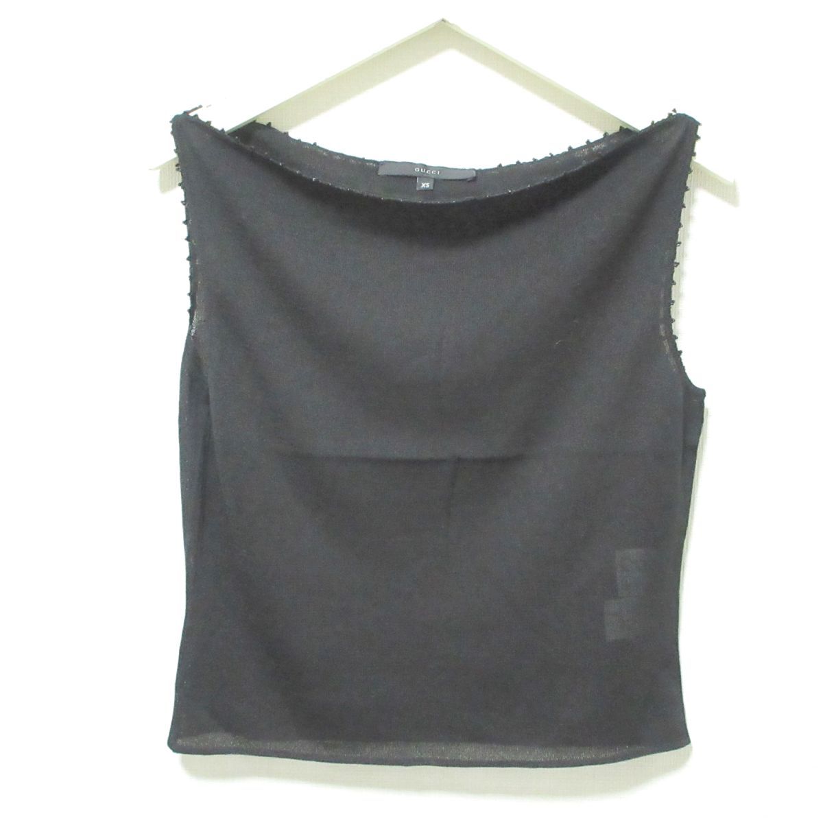 美品 GUCCI グッチ トムフォード期 1999年製 シルク100％ ノースリーブ ボートネック ビーズ装飾 シアー ニット セーター XS ブラック 703
