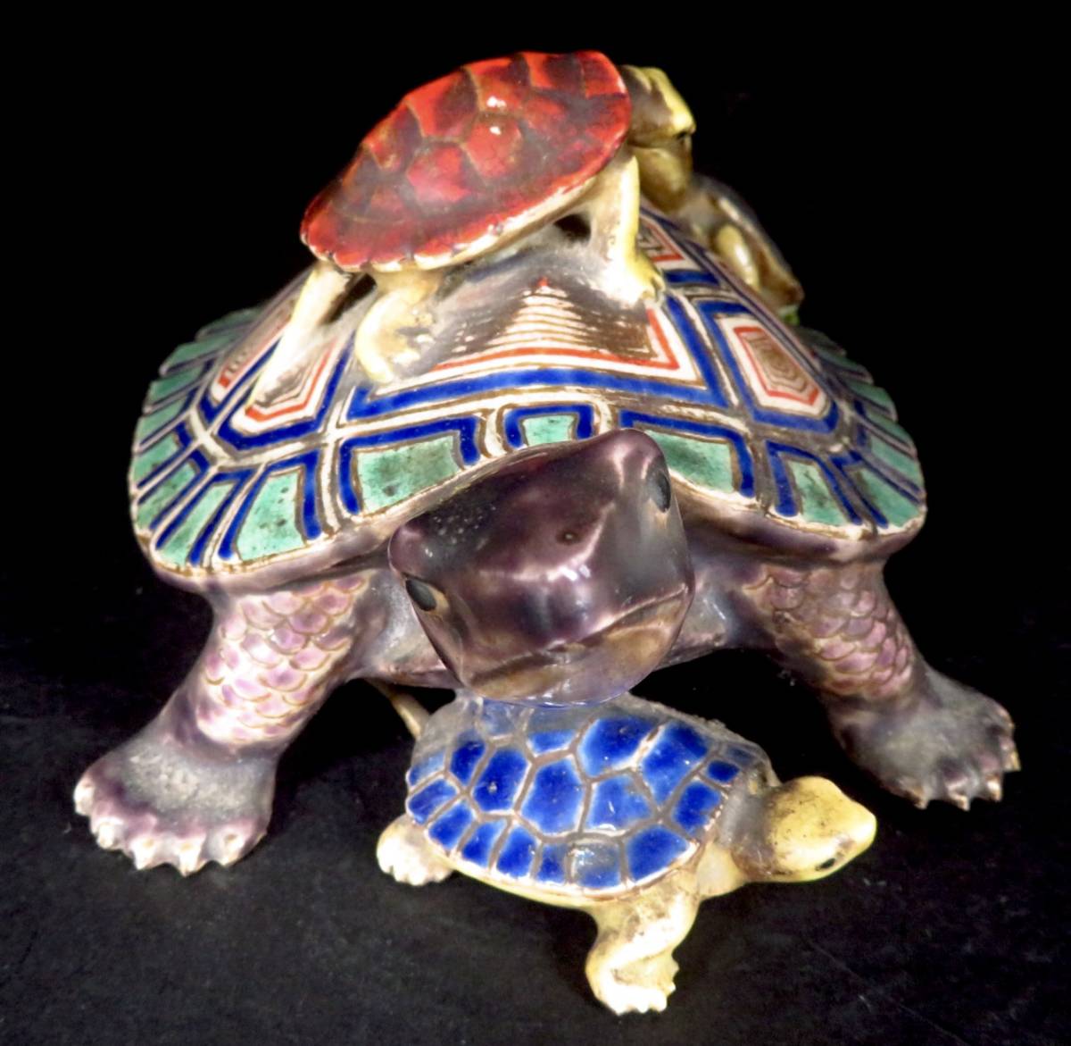 時代【色絵親子亀の置物/京焼の名工 野々村 仁清/清右衛門】細密彫刻