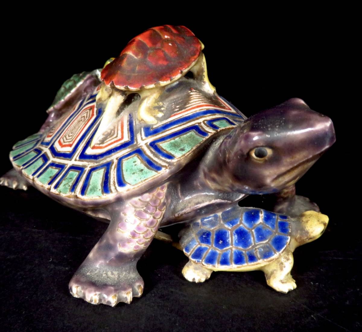 野々村仁清 在銘 色絵親子亀置物 共箱 京焼 細密造形 縁起物 古美術 骨董品