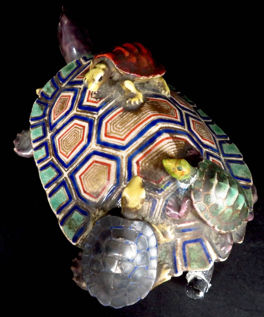 時代【色絵親子亀の置物/京焼の名工 野々村 仁清/清右衛門】細密彫刻