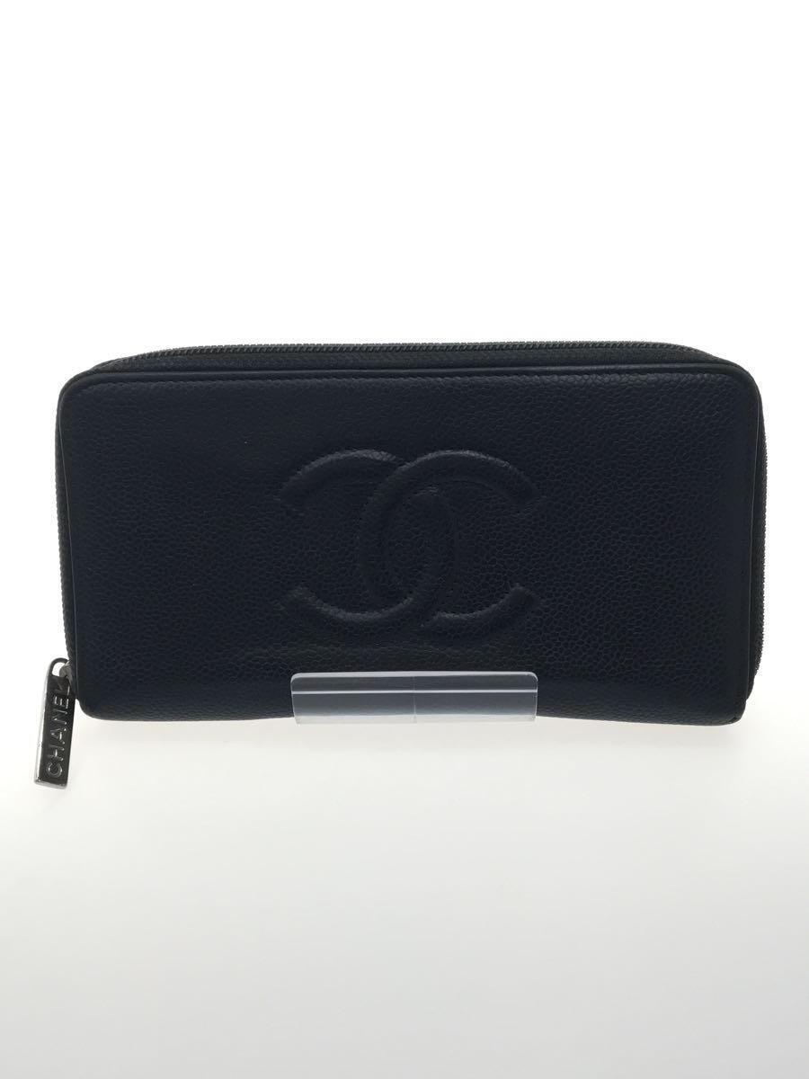 CHANEL◇ココマーク/キャビアスキン/ラウンドジップ/長財布/レザー/BLK