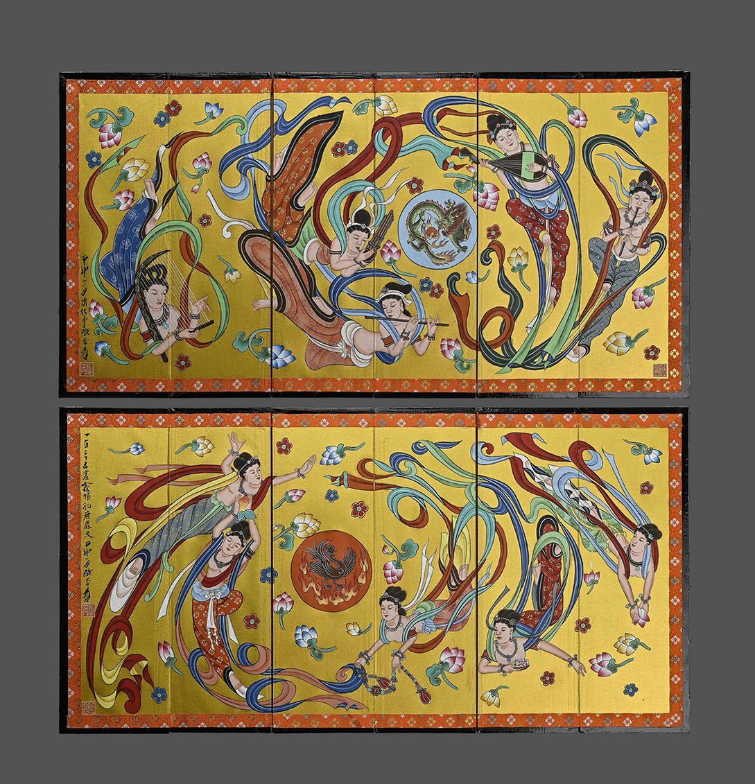 錦間】蔵出し品 R061中国古画 張大千・莫高窟飛天仏像図 金箔紙本 屏風