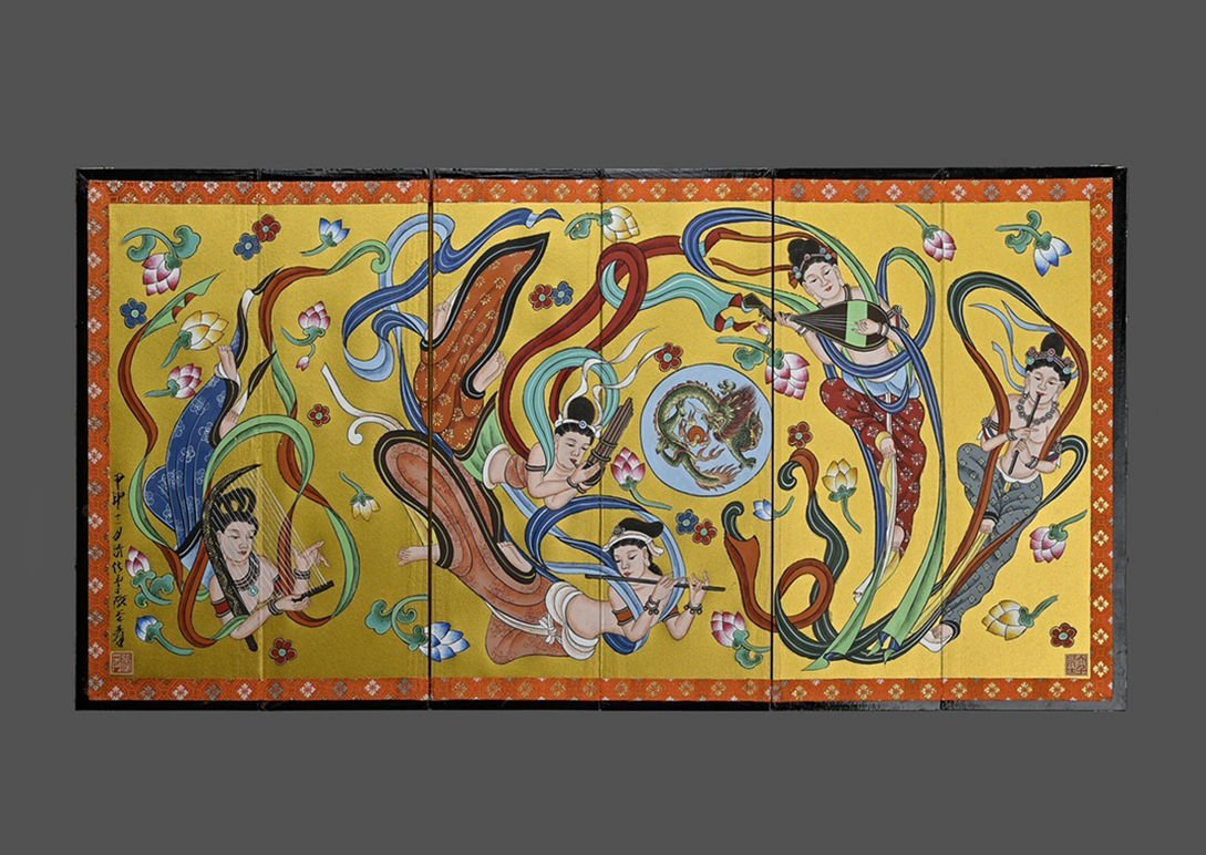 錦間】蔵出し品 R061中国古画 張大千・莫高窟飛天仏像図 金箔紙本 屏風