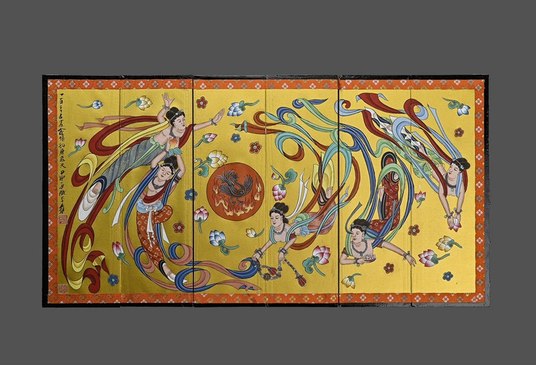 錦間】蔵出し品 R061中国古画 張大千・莫高窟飛天仏像図 金箔紙本 屏風