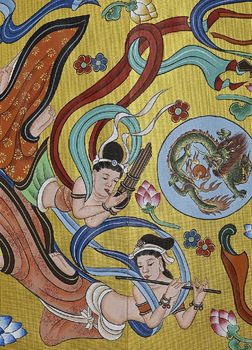 錦間】蔵出し品 R061中国古画 張大千・莫高窟飛天仏像図 金箔紙本 屏風