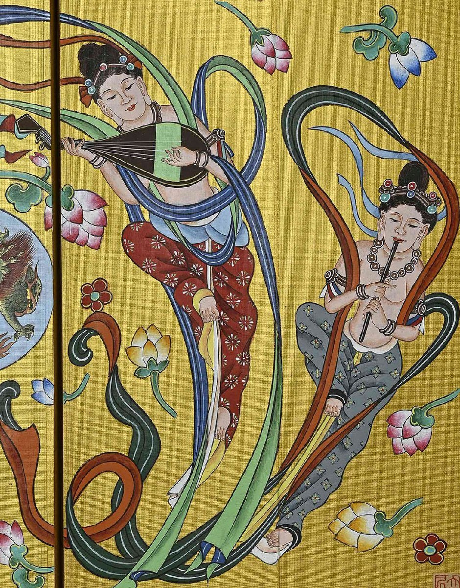 錦間】蔵出し品 R061中国古画 張大千・莫高窟飛天仏像図 金箔紙本 屏風