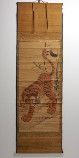 ◆真筆 掛軸 伝川原慶賀 虎図 紙本着色 箱入 古美術 日本画 絵画 中国 書画 江戸時代