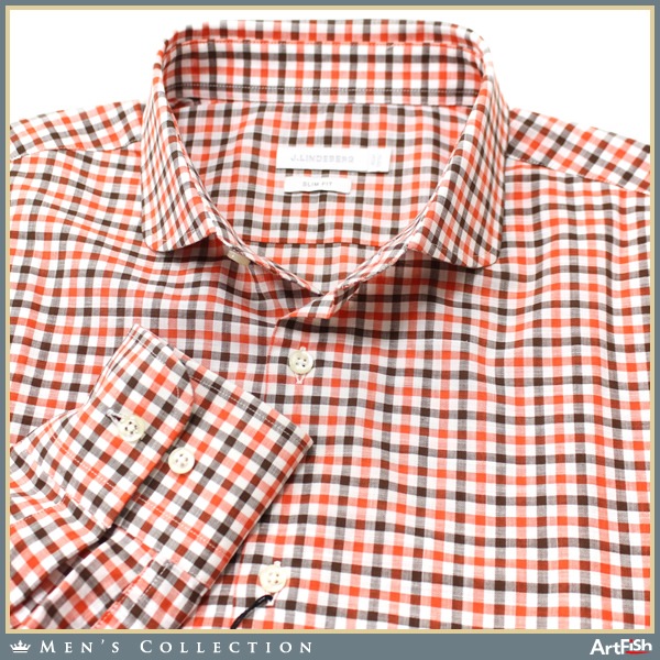 J.LINDEBERG★橙系チェック丸ショートカラーシャツd476*ns42新品