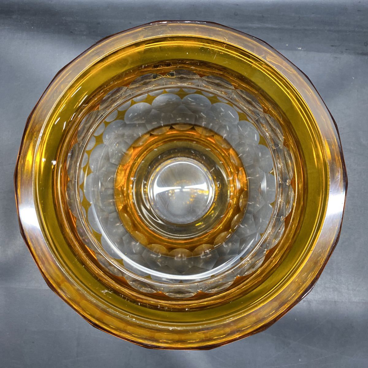 カガミクリスタル ガラス 花瓶 切子 カットガラス 琥珀色 アンバー