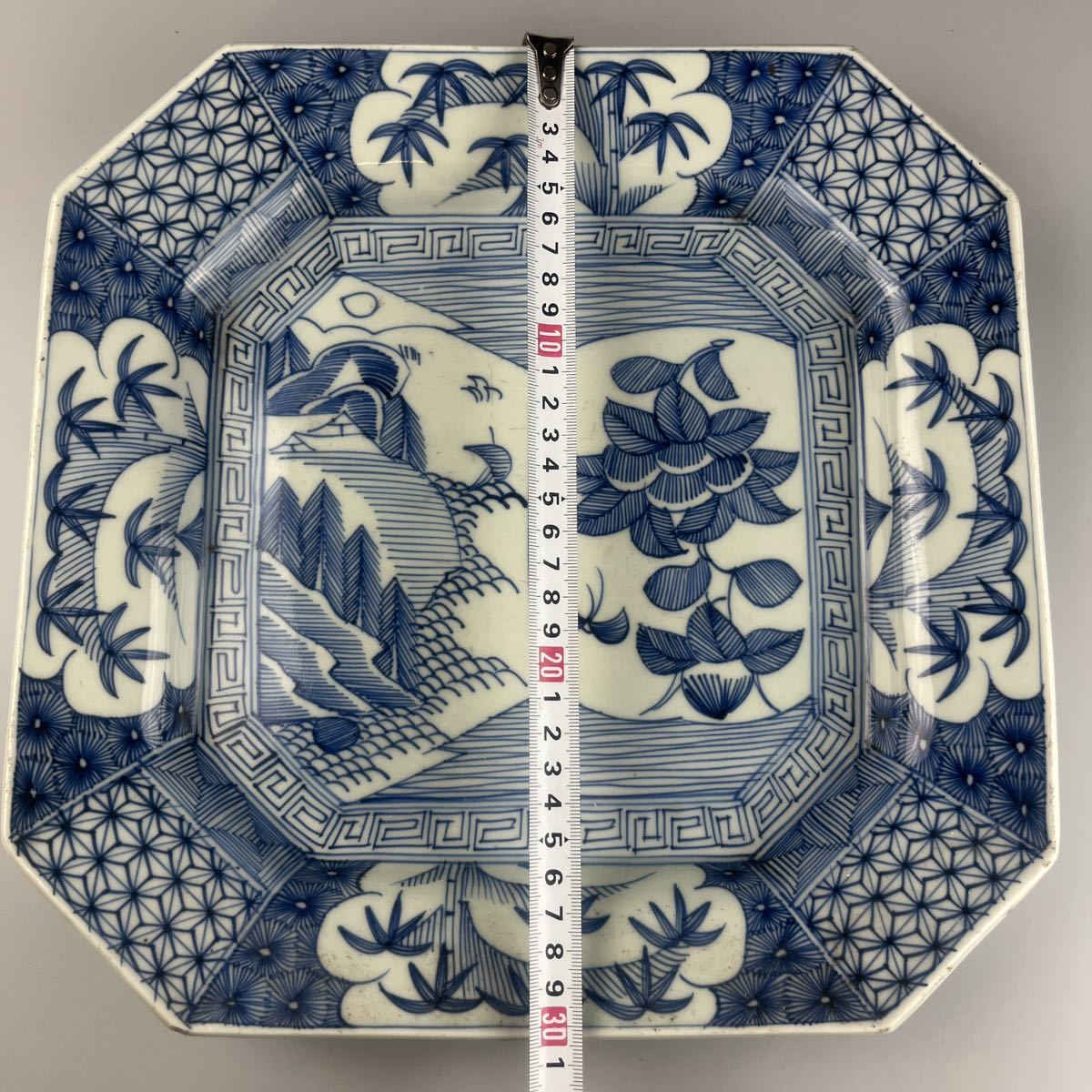 古伊万里 染付 角皿 時代 唐草 文様 江戸期 線書き 玩 銘有 骨董 角皿 