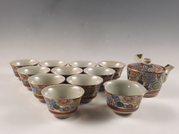 ○栄○古九谷 金彩色絵 牡丹図 煎茶碗 10客 急須 湯冷 煎茶道具 57s86