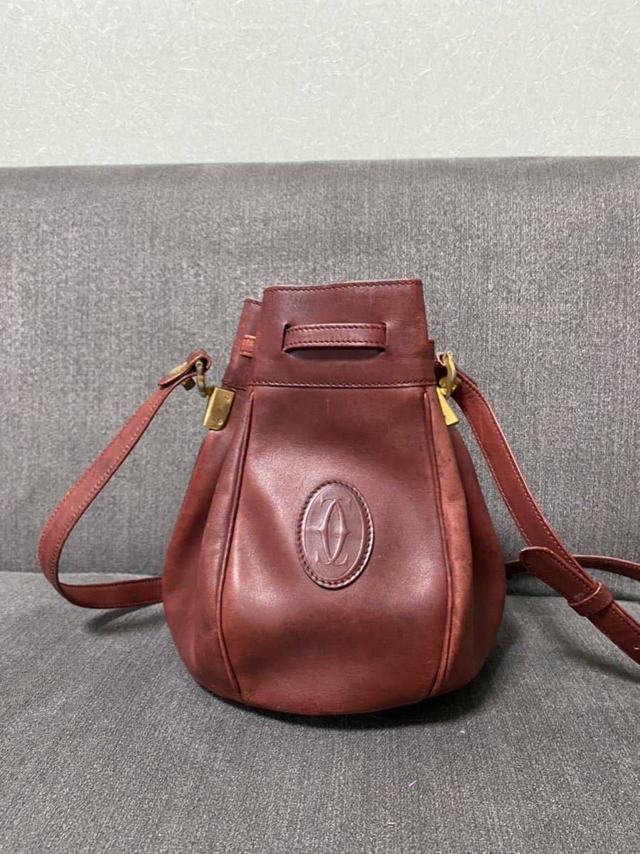 Cartier カルティエ カルチェ 巾着 ショルダーバッグ ワインレッド 赤 斜め掛け レディース ゴールド金具 1円〜 カバン ロゴ