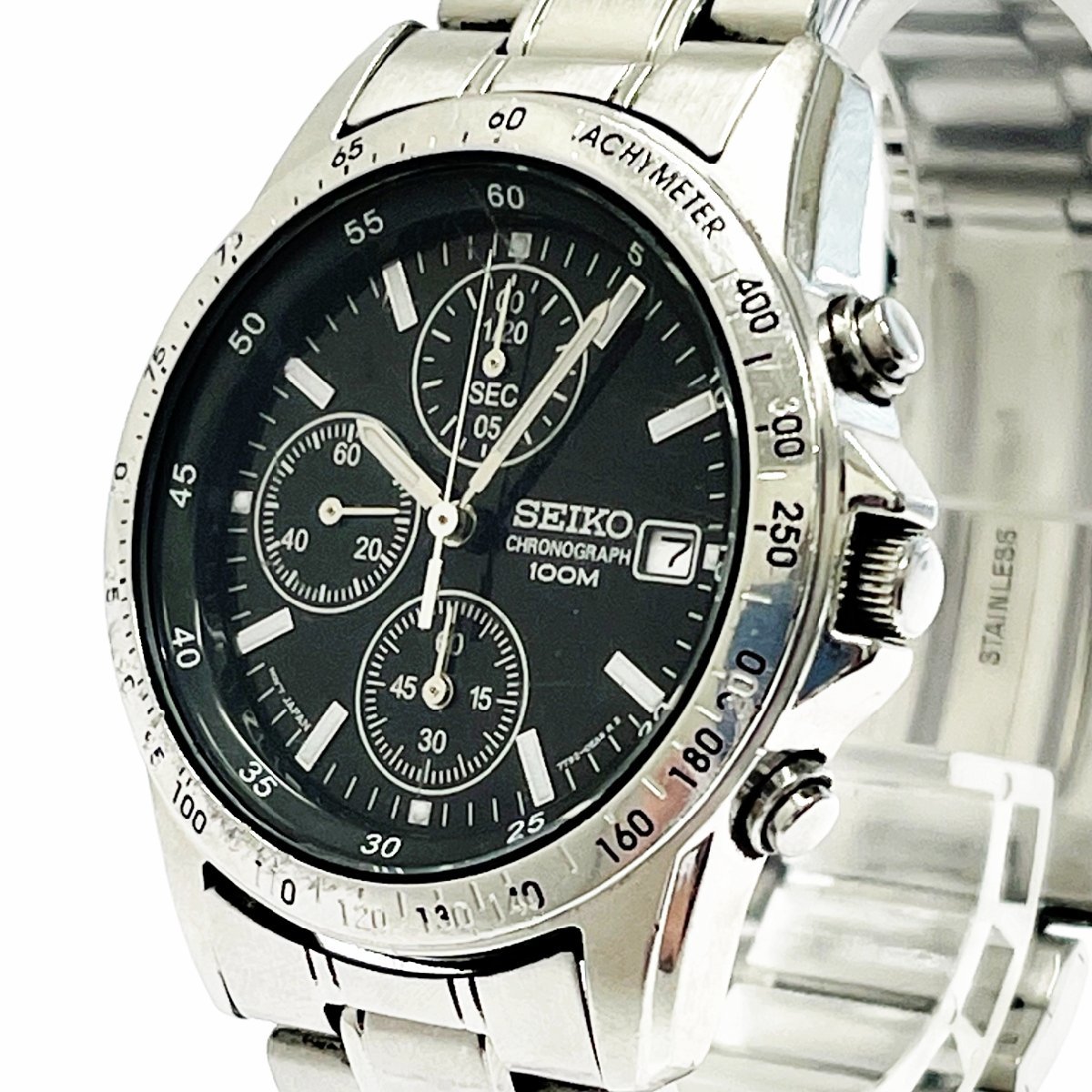 1円スタート】SEIKO セイコー 7T92-0DW0 クロノグラフ SS ブラック文字 