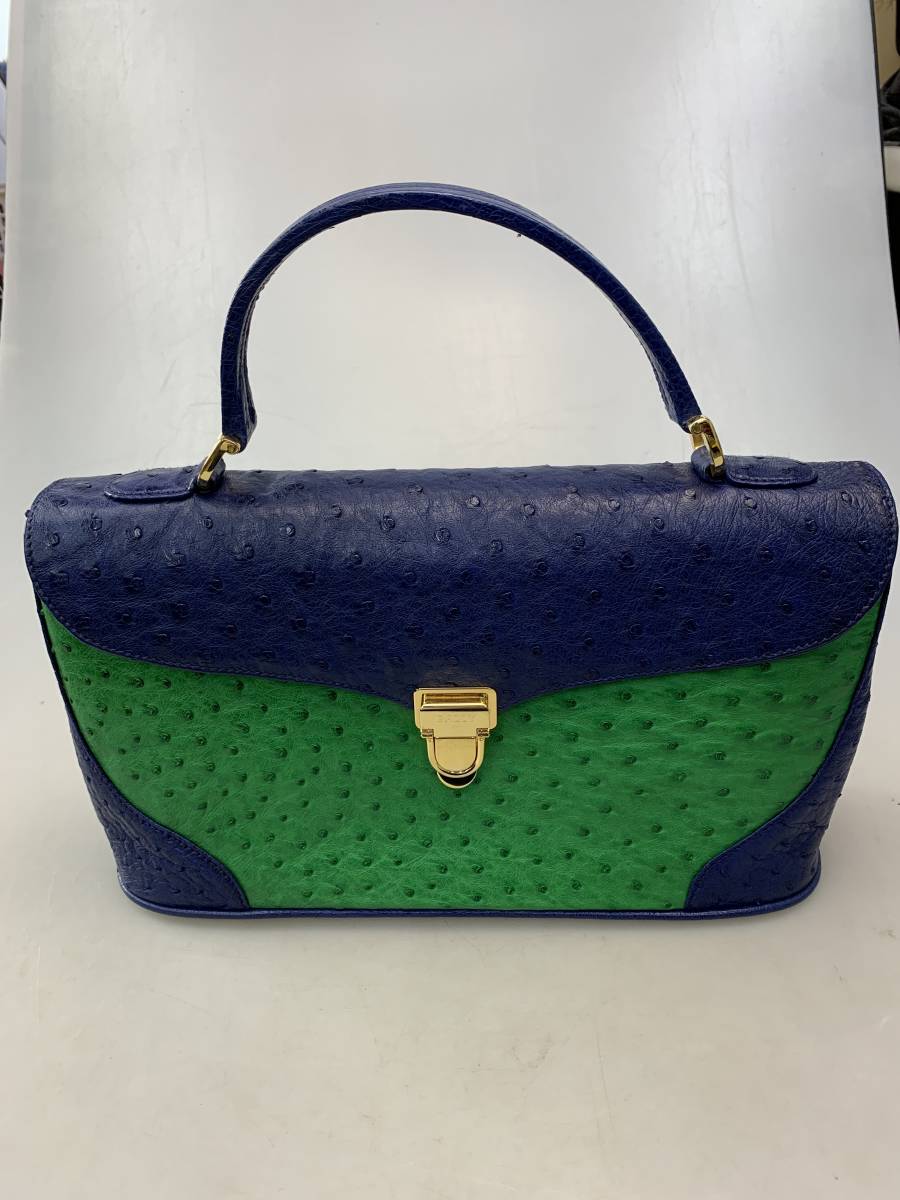 K2471　BALLY オーストリッチ　ダチョウ革　ハンドバッグ　レディース　青　緑