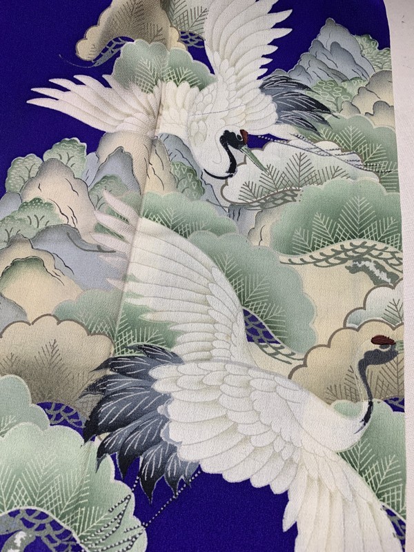 ★きものさらさ　アンティーク着物帯★青紫　色留袖　裾模様　鶴　牡丹　鳥　大正ロマン　古布　古裂　錦紗