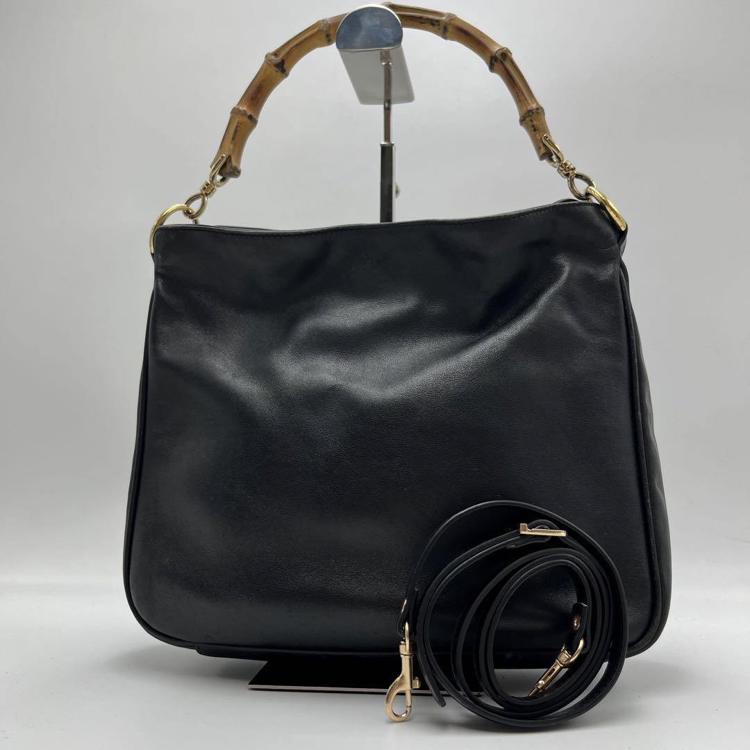 極美品GUCCI グッチバンブーレザーミニボストン ブラック黒2wayミドル 