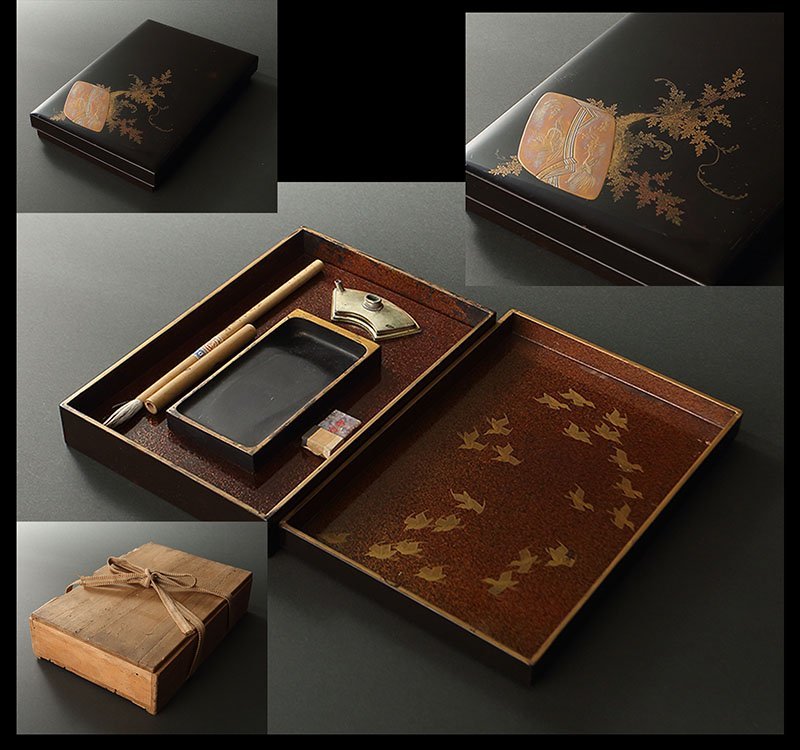 深和】明治◇忍草に衣蒔絵 内梨子地に千鳥蒔絵 黒塗硯箱 【公式通販】