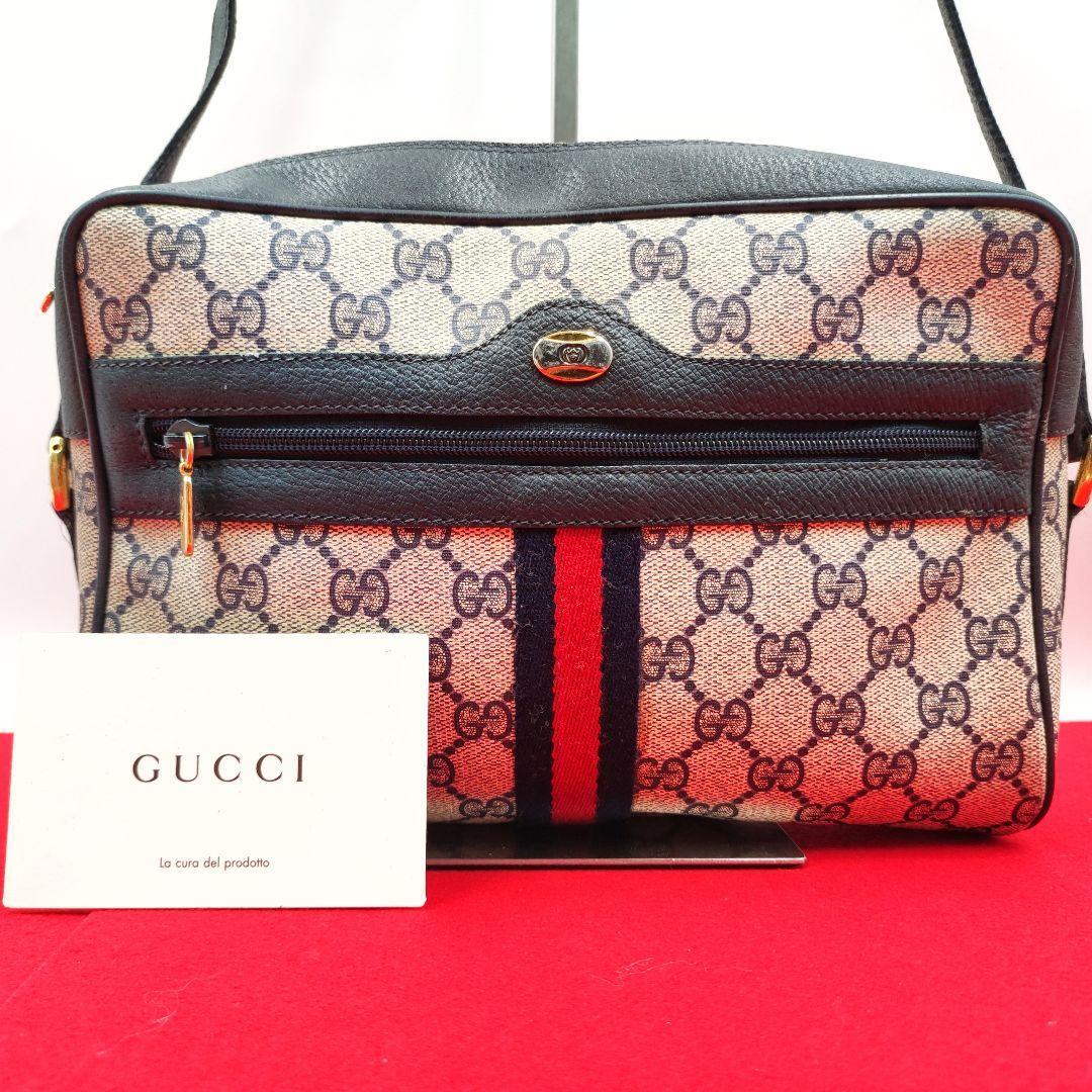 グッチ 1117 GUCCI オールドグッチ ショルダー バッグ GG柄 PVC レザー シェリー ゴールド金具 ネイビー 紺