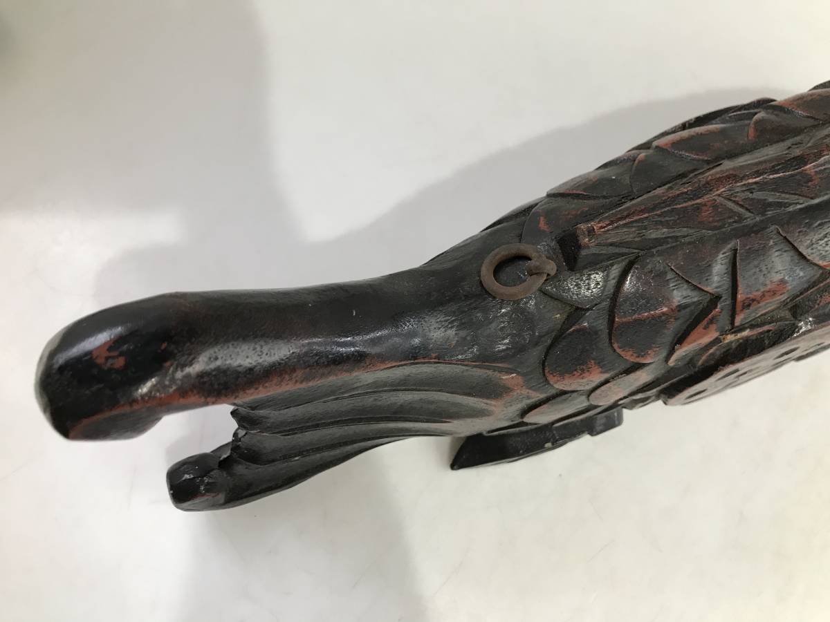 HG4981 木製 彫刻 玉咥魚鼓 魚鼓 全長約50㎝ 当時物 アンティーク
