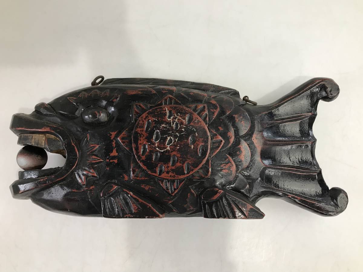 HG4981 木製 彫刻 玉咥魚鼓 魚鼓 全長約50㎝ 当時物 アンティーク