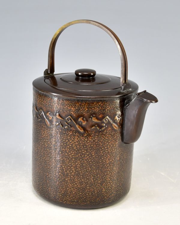 骨董品　銅製　水注　やかん　アンティーク　寸銅割り手　鎚起工芸 唐銅割手 宝尽 水注（口蓋付）」 茶道具 唐銅製 水屋道具 水次 湯沸
