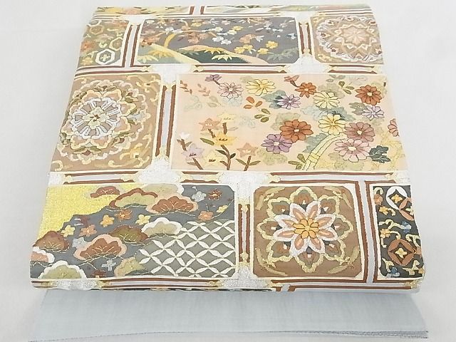 平和屋-こころ店□袋帯 明綴れ 草花文 金銀糸 正絹 逸品 A-ma7027 