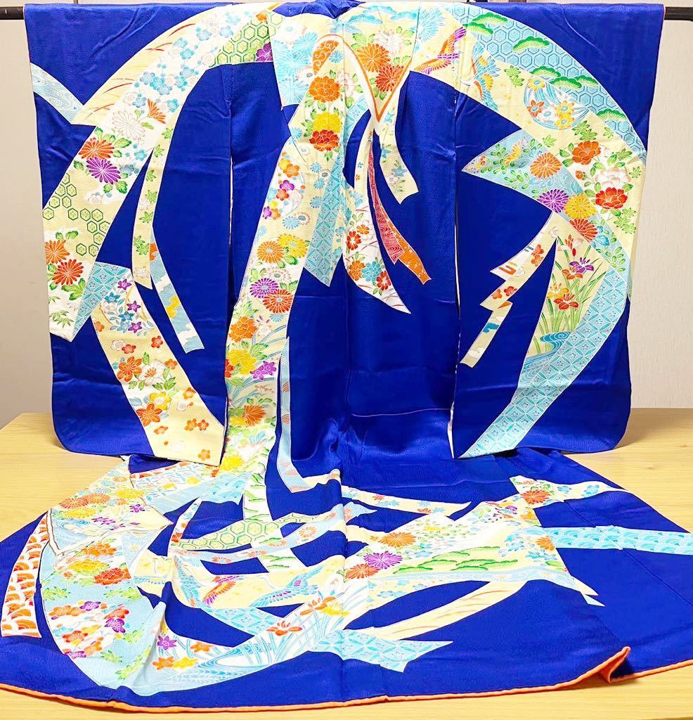 ◇束ね熨斗に花の絵羽柄♪正絹七歳女児祝い着◇ 上質紋綸子 金糸刺繍