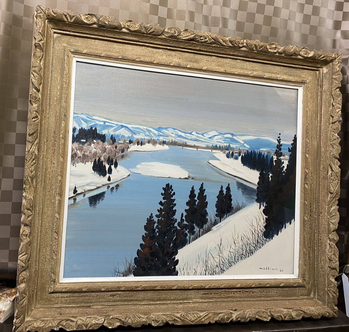 模写】 油彩画 油絵 真下慶治 【大石田の最上川】 F12号 風景画 額縁