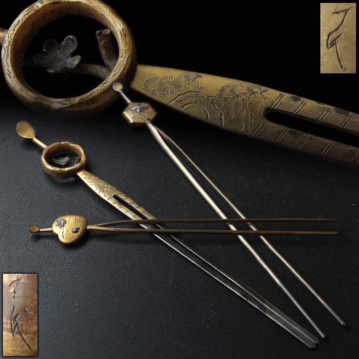 US877 時代 和装小物 在銘 金工銀地鍍金円環梅図簪・