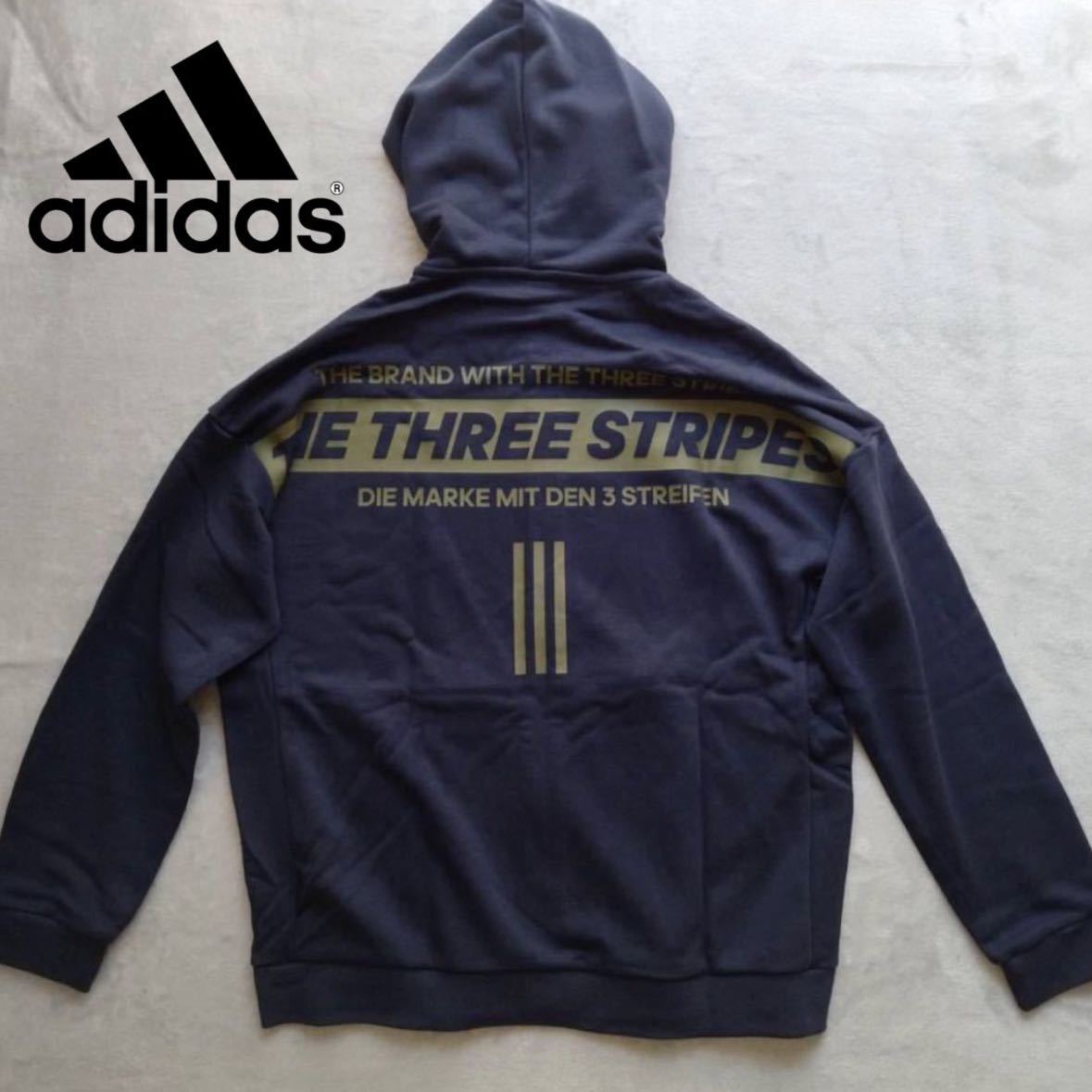 XLサイズ 新品 adidas スウェット パーカー THE THREE STRIPES ロゴ フレンチテリー フーディー ジャケット ダブルジップ ネイビー O 081
