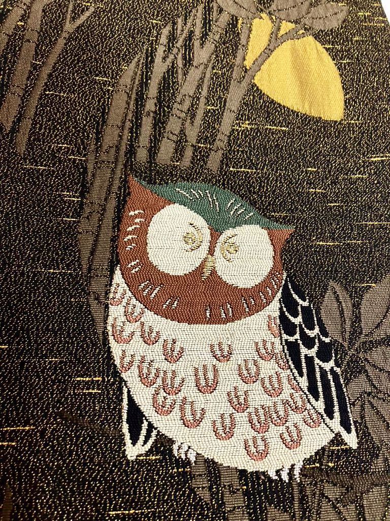 黒地ゴールド フクロウ柄 正絹 袋帯(仕立て上がり)｜売買された  