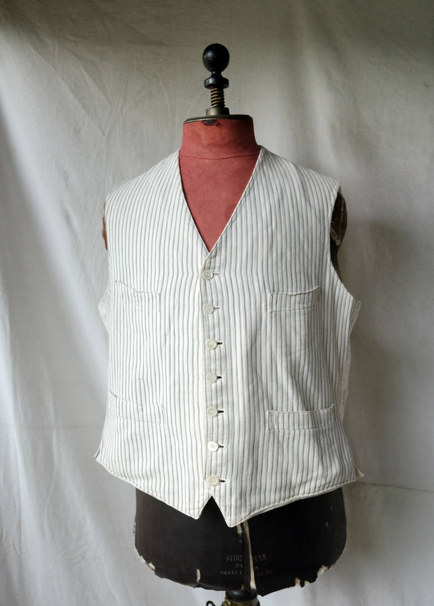 1920's 1930's フランス ヴィンテージ ピンストライプジレ ベスト 20s30s フレンチヴィンテージ ワークジャケット リネン