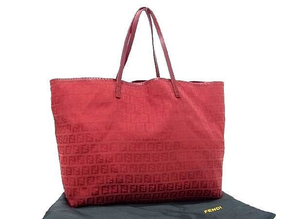 1円 ■美品■ FENDI フェンディ ズッカ柄 ズッキーノ ナイロンキャンバス×レザー ショルダーバッグ トート 肩掛け レッド系 CC0011