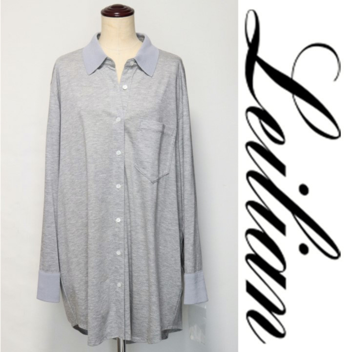 新品【Leilian レリアン】襟、袖先切替 ロングカジュアルシャツ 灰 17+ 大きいサイズ v3689