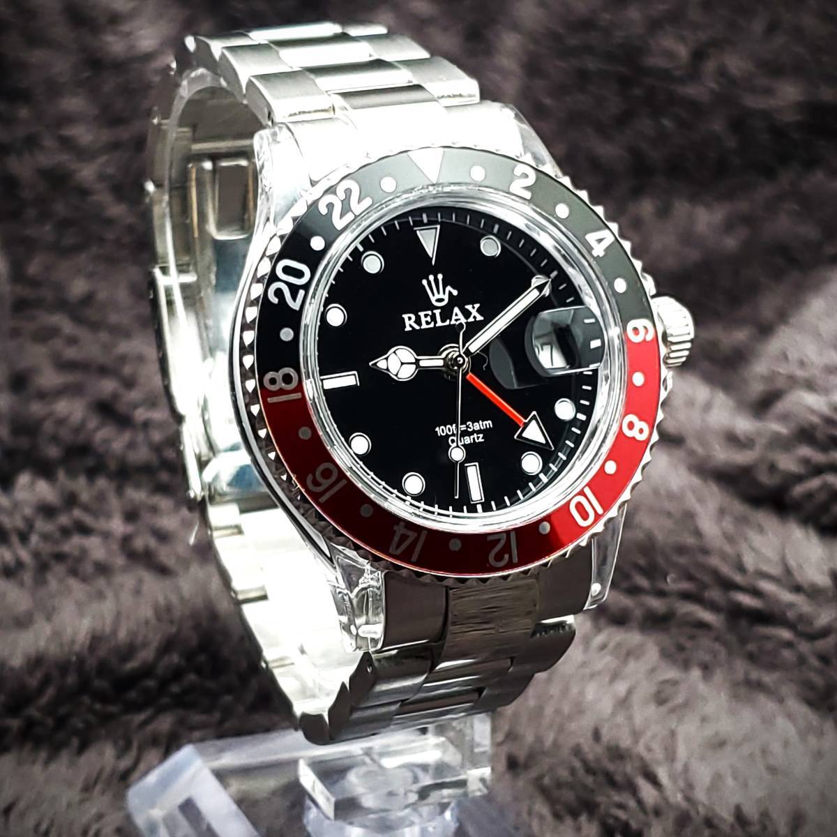 1円UP】C リラックス 王冠ロゴ GMT12-S カスタム腕時計 GMT 黒/赤 24H 