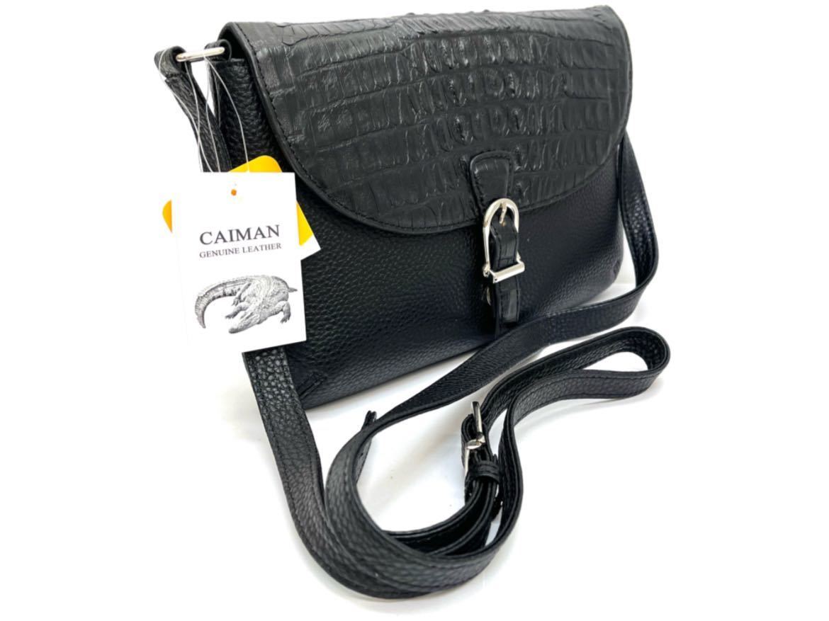 新品 未使用 GENUINE CAIMAN LEATHER カイマン 本革 ショルダーポーチ ブラック タグ付