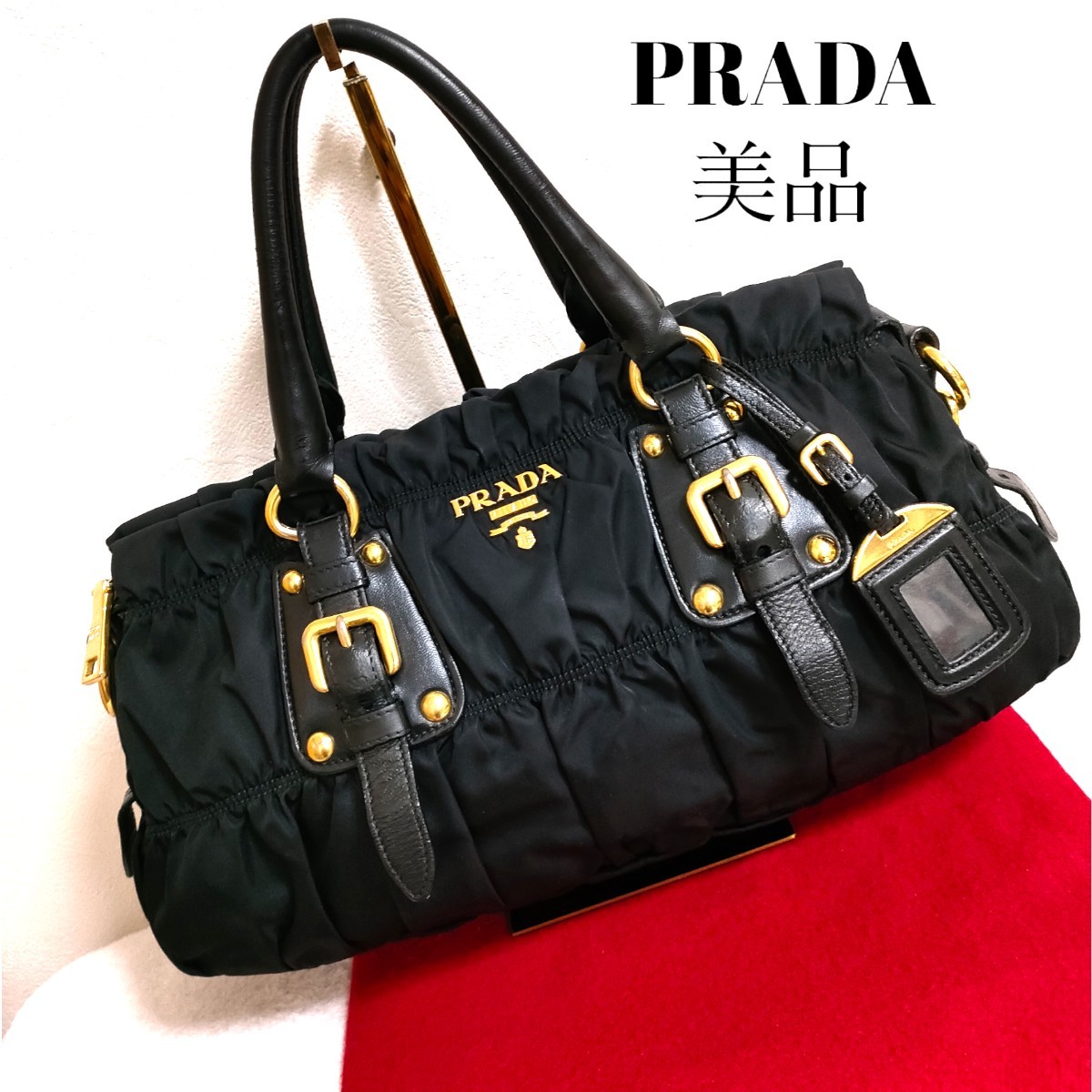 美品 PRADA ギャザー ハンドバッグ ゴールド レザー ナイロン ブラック