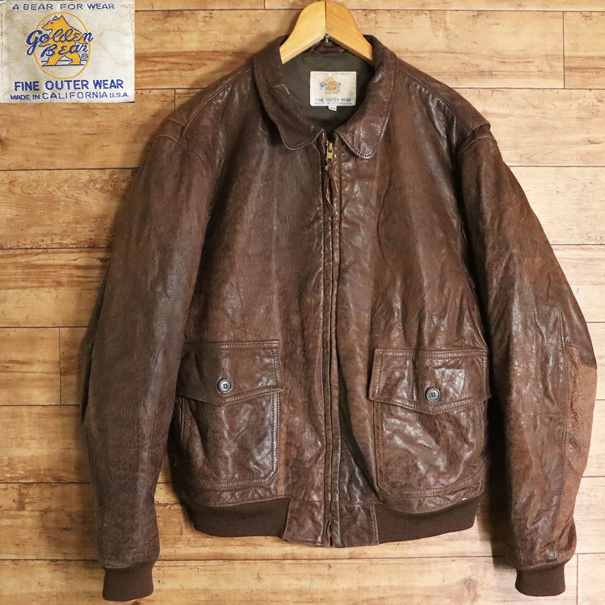 D5S/s9.4-1　70s~80s　ビンテージ　USA製　Golden Bear　ゴールデンベアー　本革　レザーフライトジャケット　A-2　G‐１　42　ブラウン
