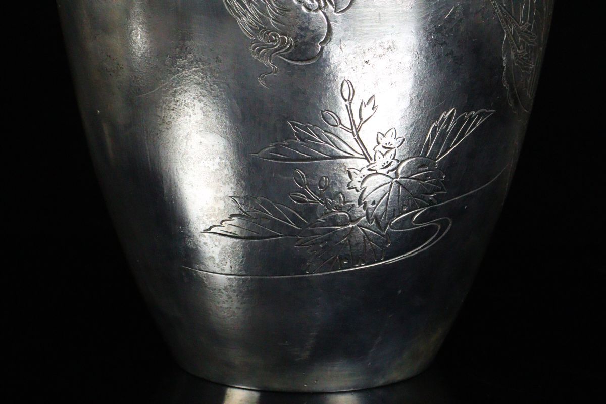 金工家『真山』銀製 鳳凰文象嵌彫花瓶 高さ30cm 重量3097g 銀刻印有 花