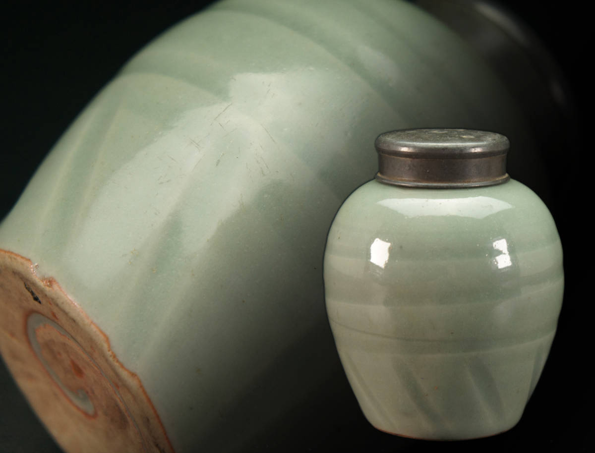 旧家から 煎茶道具 錫口 青磁 茶心壷 箱付◇時代物 茶入 茶壷 中国美術