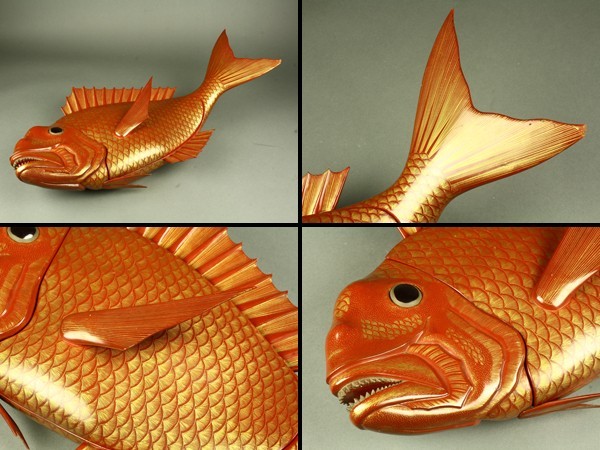 宇】JB152 朱塗 沈金 鯛菓子器 大振 70cm 箱付