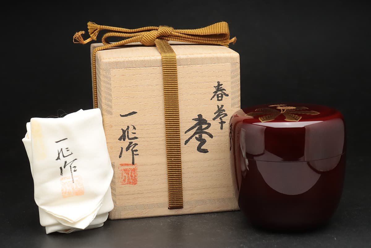 輪島塗一后一兆 (人間国宝)作棗　竹蒔絵 茶道具共箱/絹布・木箱あり 輪島塗一后一兆 (人間国宝)作棗 竹蒔絵 茶道具共箱/絹布・木箱あり3
