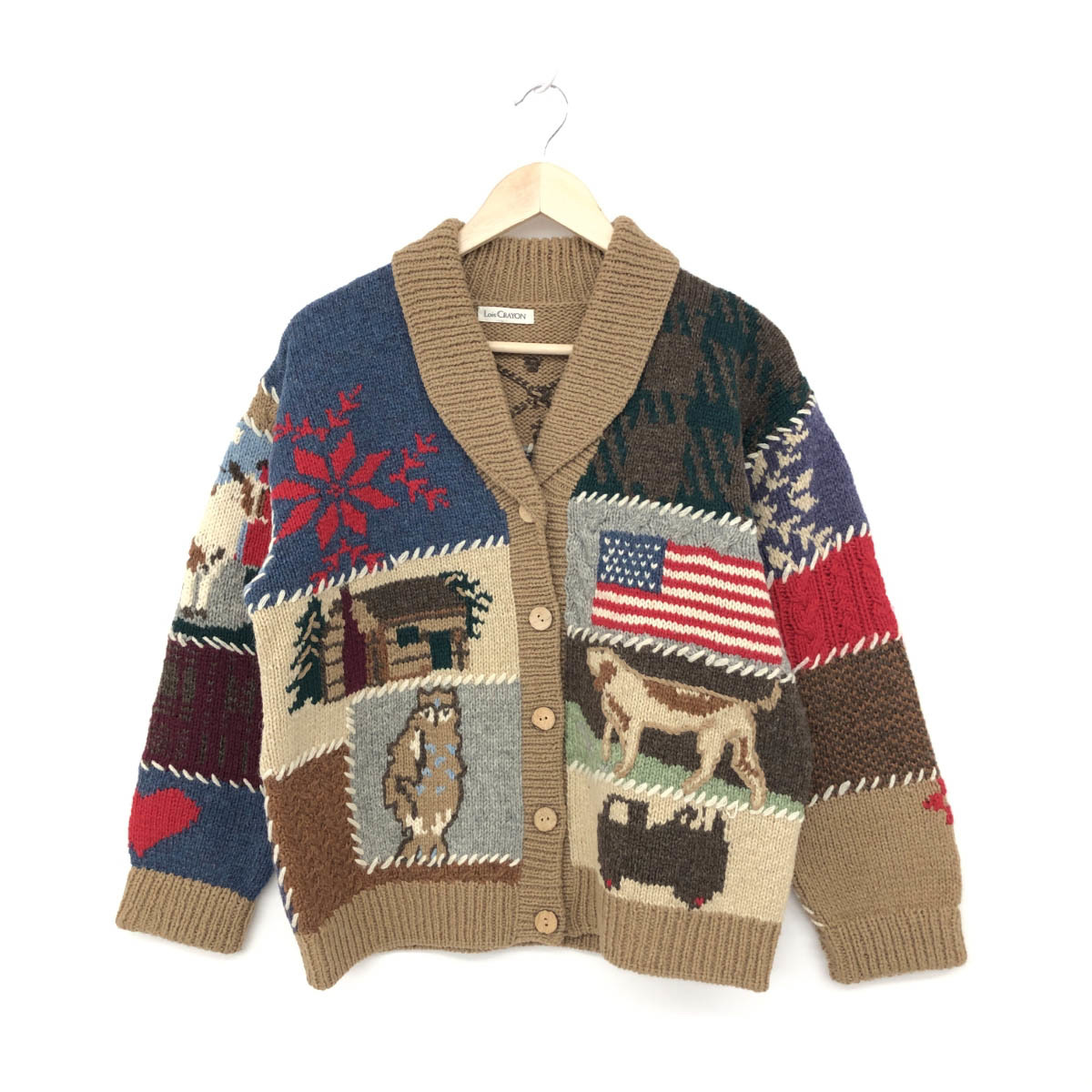 ◆LOIS CRAYON ロイスクレヨン カーディガン Mサイズ◆ マルチカラー/ブラウン ウール混 レディース ショールカラー 総柄 トップス